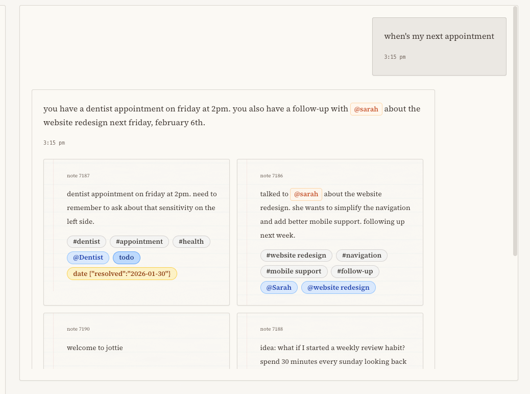 jottie chat interface answering questions about notes