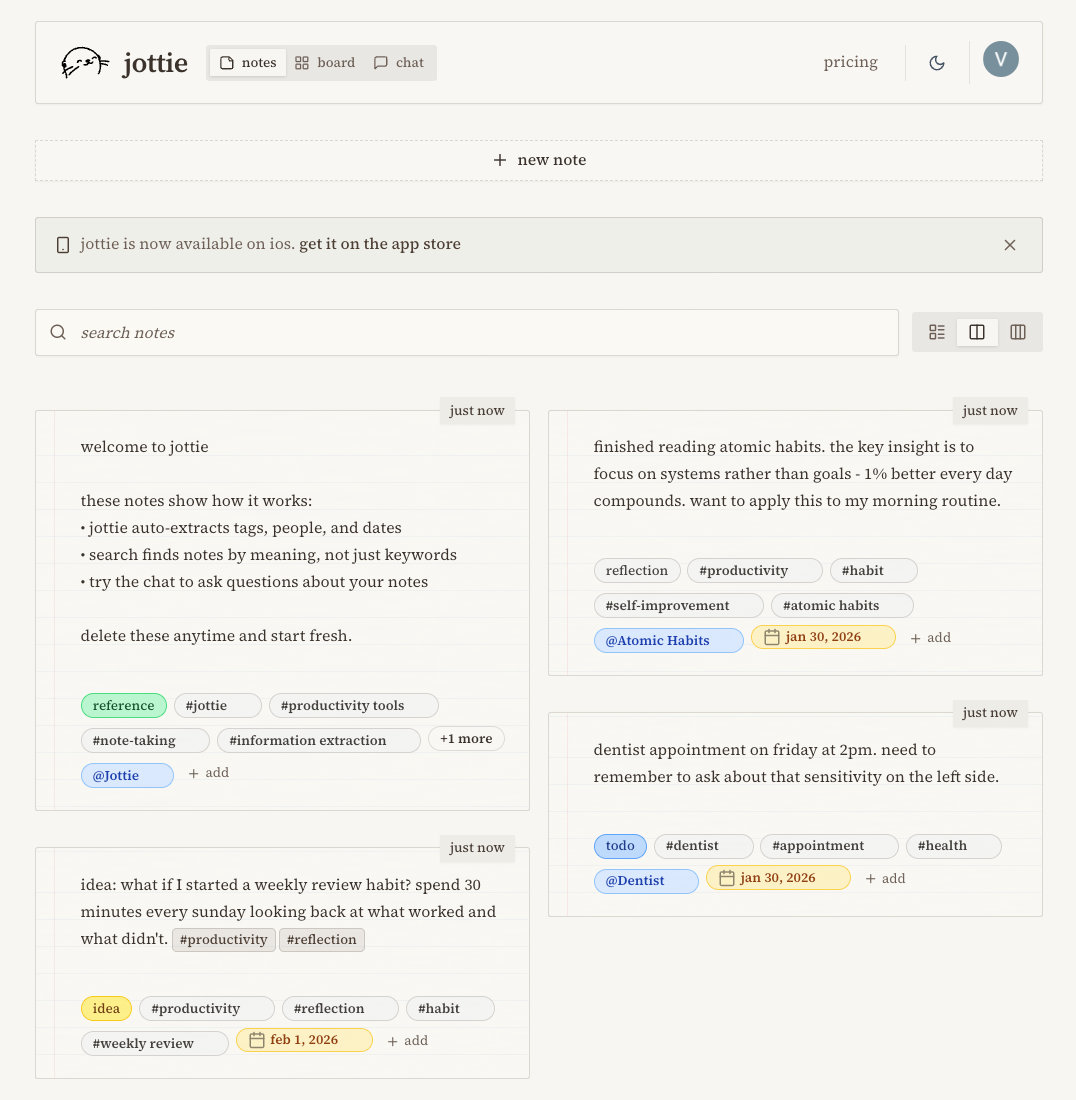 jottie web dashboard showing notes interface